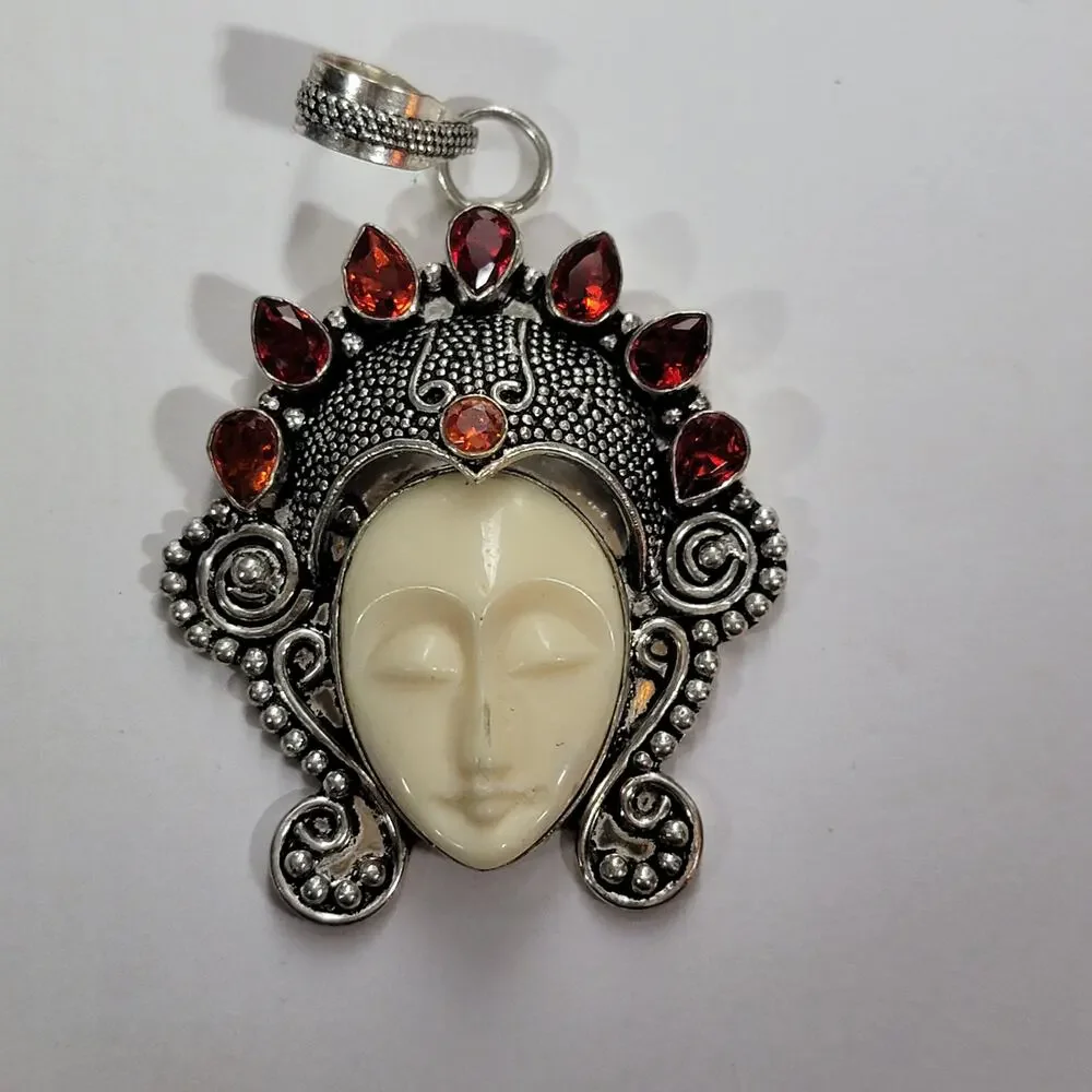 Goddess Pendant Carved Face Sterling Silver with Garnet - Picture 3 of 10
